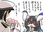  1girl admiral_(kantai_collection) anchorage_water_oni bag black_hair blue_hair blush_stickers chibi chocolate comic commentary dress eating epaulettes gloves goma_(gomasamune) hat highres horns kantai_collection military military_hat military_uniform multicolored_hair obligation_chocolate open_mouth peaked_cap red_eyes shinkaisei-kan sleeveless sleeveless_dress translated uniform valentine white_background white_dress 