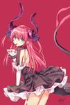  ass asymmetrical_horns backless_outfit bangs blue_eyes claws cowboy_shot dragon_girl dress elizabeth_bathory_(fate) elizabeth_bathory_(fate)_(all) eyebrows_visible_through_hair fate/extra fate/extra_ccc fate_(series) finger_licking frilled_dress frills from_side hair_between_eyes hair_ribbon highres licking long_hair looking_at_viewer pink_background pink_hair pointy_ears ribbon signature simple_background solo tail tongue tongue_out totika wrist_cuffs 