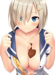  blue_eyes breasts chocolate chocolate_heart chocolate_on_breasts cleavage eyes_visible_through_hair hair_ornament hair_over_one_eye hairclip hamakaze_(kantai_collection) heart kantai_collection large_breasts leaning_forward looking_at_viewer open_clothes open_shirt sawada_yuusuke school_uniform serafuku shirt short_hair short_sleeves silver_hair smile solo 