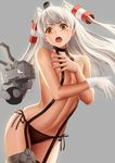  amatsukaze_(kantai_collection) black_panties blush breasts brown_eyes choker covering covering_breasts cowboy_shot crossed_arms embarrassed garter_straps gloves grey_background hair_tubes highres kantai_collection lifebuoy long_hair looking_at_viewer md5_mismatch navel open_mouth panties rensouhou-kun sailor_collar side-tie_panties silver_hair simple_background single_glove small_breasts solo thighhighs topless two_side_up underwear underwear_only white_gloves windsock yamaneko_(tkdrumsco) 