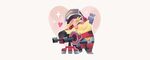  armor bad_id bad_twitter_id beard blonde_hair chibi closed_eyes eyepatch facial_hair full_body gloves heart hug hug_from_behind male_focus overwatch simple_background solo sparkle star tinysnails torbjorn_(overwatch) turret valentine welding_mask white_background 