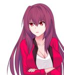  breasts cleavage fate/grand_order fate_(series) hand_on_hand highres jacket large_breasts lips long_hair looking_to_the_side open_mouth purple_hair red_eyes rizcky_ryu scathach_(fate)_(all) scathach_(fate/grand_order) shirt solo white_background 