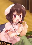  animal_ears black_hair blush bunny_ears chocolate commentary_request dress feeding floppy_ears hair_between_eyes inaba_tewi nnyara open_mouth pink_dress puffy_short_sleeves puffy_sleeves red_eyes scrunchie short_hair short_sleeves solo_focus touhou wrist_scrunchie 