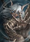  blue_eyes claws dragon_girl dragon_horns dragon_tail dragon_wings grey_hair grey_skin horns kushala_daora maxa' monster_girl monster_hunter open_mouth personification scales solo tail teeth wind wings 