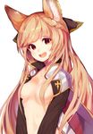  :d animal_ears bangs black_bow blonde_hair bow braid breasts commentary_request erune eyebrows_visible_through_hair granblue_fantasy hair_bow hair_censor hair_over_breasts long_hair looking_at_viewer medium_breasts naked_coat open_mouth red_eyes simple_background smile solo swept_bangs teeth tokiwa_online upper_body v_arms very_long_hair white_background yuisis_(granblue_fantasy) 