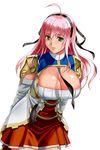  ahoge armor bangs black_ribbon breasts cleavage commentary_request cowboy_shot dress dungeon_and_fighter green_eyes hair_ribbon hairband highres knight_(dungeon_and_fighter) large_breasts leaning_forward long_hair long_sleeves looking_at_viewer pink_hair ribbon shoulder_armor solo suuitchi 