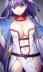  &gt;:( bangs blue_eyes blue_legwear blunt_bangs blush breasts bursting_breasts center_opening cleavage closed_mouth colored_eyelashes contrapposto cowboy_shot fate/grand_order fate_(series) frown grey_background groin highres large_breasts loincloth long_hair looking_at_viewer navel no_panties onsoku_maru pelvic_curtain purple_hair saint_martha serious shiny shiny_skin simple_background solo standing stomach straight_hair thighhighs thighs v-shaped_eyebrows 