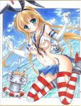  anchor_hair_ornament black_panties blonde_hair crop_top elbow_gloves gloves hair_ornament hairband highleg highleg_panties kantai_collection lifebuoy microskirt panties rensouhou-chan sailor_collar shimakaze_(kantai_collection) skirt striped striped_legwear thighhighs thong tomoeri torn_clothes traditional_media underwear white_gloves 