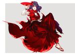  anklet breasts commentary_request cup dress full_body hair_ornament hug_(yourhug) jewelry juliet_sleeves large_breasts leaf_hair_ornament long_sleeves looking_at_viewer mirror no_socks parted_lips puffy_sleeves purple_hair red_dress red_eyes rope sakazuki sandals shimenawa smile solo toenail_polish touhou yasaka_kanako 