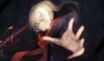  artist_name artoria_pendragon_(all) bangs blonde_hair blurry braid character_name closed_mouth coat commentary_request depth_of_field expressionless fate/grand_order fate_(series) foreshortening glasses highres long_hair looking_at_viewer marumoru mysterious_heroine_x_(alter) outstretched_arm ponytail red_scarf rimless_eyewear scarf signature solo yellow_eyes 