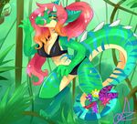  amethystdust anthro bra breasts clothing crocodile crocodilian female forest outside reptile scalie solo standing tongue tongue_out tree underwear watermark 