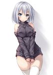  :o alternate_costume aran_sweater bare_shoulders blue_eyes blush breast_press breasts clothes_tug cowboy_shot detached_sleeves exe_(xe) frown grey_sweater hair_ornament hair_over_one_eye hairclip hamakaze_(kantai_collection) impossible_clothes kantai_collection large_breasts looking_at_viewer no_panties open_mouth short_hair silver_hair simple_background solo sweater sweater_tug sweater_vest thighhighs thighs turtleneck turtleneck_sweater v-shaped_eyebrows white_background white_legwear 
