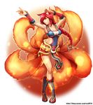  1girl ahri alternate_costume alternate_hair_color animal_ears bangs braid breasts cleavage collarbone facial_mark fox_ears fox_tail foxfire_ahri highres large_breasts league_of_legends long_hair multiple_tails red_hair single_braid solo tail whisker_markings yellow_eyes 