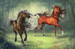  ambiguous_gender aomori duo equine feral forest hair hooves horse mammal outside standing tree watermark 