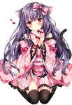  amelie-san_(nogi_takayoshi) animal_ears bangs bare_shoulders black_legwear blunt_bangs blush bow box breasts cat_ears cat_tail cleavage closed_mouth dress frilled_dress frills full_body gift hair_bow head_tilt heart heart-shaped_box holding holding_gift japanese_clothes kimono knees_together_feet_apart long_hair long_sleeves looking_at_viewer nogi_takayoshi obi official_art original pink_bow pink_kimono purple_hair red_bow red_eyes sash simple_background sitting small_breasts smile solo sparkle tail tareme thighhighs valentine very_long_hair wariza white_background wide_sleeves wristband 