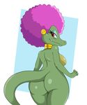  afro alligator anthro blush breasts butt collar crocodilian digital_media_(artwork) donkey_kong_(series) female hi_res jewelry kalypso kremling looking_at_viewer nintendo non-mammal_breasts nude pinup pose red_eyes reptile scalie side_boob solo sssonic2 video_games 