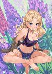  aqua_eyes arm_at_side armpits bangs bare_legs bare_shoulders barefoot blonde_hair blue_shorts blush breasts closed_mouth commentary_request crop_top denim denim_shorts dog_tags earrings eyebrows_visible_through_hair feet flower full_body geregere_(lantern) girls_und_panzer highres indian_style jacket jewelry kay_(girls_und_panzer) leaning_forward long_hair long_sleeves looking_at_viewer medium_breasts midriff mouth_hold navel necklace no_bra off_shoulder open_clothes open_jacket parted_bangs pendant revision short_shorts shorts sitting sleeveless soles solo stomach strap_slip stud_earrings tank_top toes 