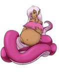  belly big_belly big_breasts blue_eyes breasts dark_skin hair hand_on_stomach lamia navel pink_hair pointy_ears pregnant reptile riddleaugust scalie snake solo under_boob 