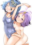  2girls acerola_(pokemon) bangs bare_arms bare_shoulders blue_eyes blue_hair blunt_bangs blush breast_grab breasts clothed_female_nude_female collarbone covered_navel elite_four hairband hand_in_swimsuit jewelry kneeling multiple_girls navel nipples npc npc_trainer nude one_eye_closed pokemon pokemon_(anime) pokemon_(game) pokemon_sm pokemon_sm_(anime) purple_eyes purple_hair short_hair shuga_(soranote) simple_background small_breasts suiren_(pokemon) teeth trial_captain white_background yuri 