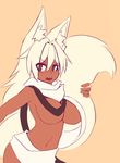 2016 animal_humanoid armpits big_breasts big_tail breasts canine clothed clothing dark_skin female fluffy fluffy_tail fox fox_humanoid hair holding_tail humanoid inner_ear_fluff long_hair looking_at_viewer mammal mana_(sub-res) navel open_mouth partially_clothed revealing_(disambiguation) sharp_teeth simple_background skimpy slit_pupils solo standing sub-res teeth white_hair 