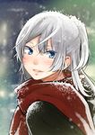  bangs blue_eyes blurry blurry_background blush colored_eyelashes eyebrows_visible_through_hair from_side lips long_hair looking_at_viewer looking_back looking_to_the_side nose_blush original outdoors parted_lips red_scarf scarf silver_hair smile snow snowing solo upper_body winter yui_7 
