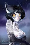  anthro aomori breasts clothed clothing feline female fur hair jewelry looking_at_viewer mammal necklace nipples open_mouth raining shirt solo wet_shirt 