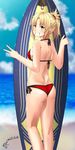  artist_name ass bangs beach bikini blonde_hair blue_eyes blue_sky blurry braid breasts cloud cloudy_sky commentary_request dated day depth_of_field eyebrows_visible_through_hair fate/apocrypha fate/grand_order fate_(series) from_behind grin highres looking_at_viewer medium_breasts mordred_(fate)_(all) mordred_(swimsuit_rider)_(fate) mugipot ocean outdoors parted_bangs parted_lips ponytail prydwen red_bikini side-tie_bikini sidelocks signature sky smile solo standing surfboard swimsuit teeth v 