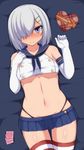 bare_shoulders bed_sheet black_neckwear black_panties blue_eyes blue_skirt blush box breasts closed_mouth collarbone condom_wrapper cosplay crop_top double-breasted elbow_gloves full-face_blush gloves hair_ornament hair_over_one_eye hairclip hamakaze_(kantai_collection) heart-shaped_box highres kantai_collection looking_at_viewer looking_up lying medium_breasts miniskirt navel neckerchief on_back orange_ribbon panties pleated_skirt ribbon sailor_collar shimakaze_(kantai_collection) shimakaze_(kantai_collection)_(cosplay) shiny shiny_skin short_hair silver_hair skirt smile stomach striped striped_legwear thighhighs thong underboob underwear valentine white_gloves zack_(haiuinndo) zettai_ryouiki 