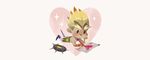  bad_id bad_twitter_id blonde_hair burnt chibi chin_rest drawing full_body gloves heart junkrat_(overwatch) lying male_focus mechanical_arm mechanical_leg on_stomach overwatch peg_leg pencil simple_background smile solid_circle_eyes solo sparkle star tinysnails torn_clothes valentine white_background 