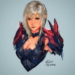  aranea_highwind armor breasts brown_eyes cleavage final_fantasy final_fantasy_xv highres large_breasts raikoart silver_hair simple_background solo 