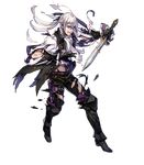  blood boots butler dagger fire_emblem fire_emblem_heroes fire_emblem_if fujisaka_kimihiko full_body gloves grey_hair highres injury joker_(fire_emblem_if) long_hair low_ponytail male_focus official_art purple_eyes solo teeth transparent_background weapon 