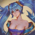  bare_shoulders blue_eyes blue_hair breasts cleavage highres large_breasts league_of_legends long_hair looking_at_viewer raikoart solo sona_buvelle twintails 