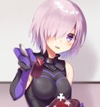  armor armored_dress bangs black_gloves blurry blush breasts chocolate chocolate_heart cleavage commentary_request depth_of_field elbow_gloves eyebrows_visible_through_hair fate/grand_order fate_(series) food fork fruit gloves gomano_rio hair_over_one_eye heart highres holding holding_food holding_fork indoors large_breasts lavender_hair looking_at_viewer mash_kyrielight parted_lips purple_eyes purple_gloves purple_hair short_hair smile solo strawberry upper_body 