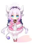  ayamy blue_eyes blush chocolate dragon_girl dragon_horns english frilled_skirt frills full_body hairband happy_valentine heart heart-shaped_pupils horns kanna_kamui kobayashi-san_chi_no_maidragon lavender_hair long_hair looking_at_viewer simple_background skirt solo standing symbol-shaped_pupils tail twintails valentine white_background white_legwear white_skirt 