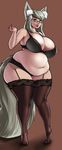  animal_humanoid belly big_belly big_breasts bra breasts canine cleavage clothed clothing eyewear female fox fox_humanoid garter_belt garter_straps glasses grey_hair hair humanoid mammal navel pewbutt slightly_chubby solo thick_thighs underwear whiskers 