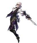  boots butler dagger fire_emblem fire_emblem_heroes fire_emblem_if fujisaka_kimihiko full_body gloves grey_hair highres joker_(fire_emblem_if) long_hair low_ponytail male_focus official_art purple_eyes solo transparent_background weapon 