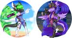  amethystdust anthro armor clothed clothing dragon duo female looking_at_viewer scalie smile standing visor 