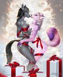  anthro aomori breast_squish breasts canine cervine clothed clothing deer duo etskuni female female/female hand_on_breast hug licking mammal ribbons skimpy smile standing tongue tongue_out wide_hips 