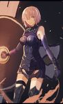  armor armored_dress bare_shoulders breasts closed_mouth cowboy_shot elbow_gloves fate/grand_order fate_(series) gloves greaves hair_over_one_eye lavender_eyes lavender_hair letterboxed looking_at_viewer mash_kyrielight medium_breasts purple_gloves scalo shield short_hair solo 