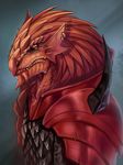  anthro aomori armor dragon ear_piercing looking_at_viewer male piercing red_scales scales slit_pupils solo teeth 