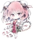  bad_id bad_pixiv_id bandaged_arm bandages bun_cover chain character_name chibi chinese_clothes commentary_request double_bun flower green_skirt ibaraki_kasen kotatu_(akaki01aoki00) light_smile pink_eyes pink_hair pleated_skirt puffy_short_sleeves puffy_sleeves red_ribbon ribbon rose short_hair short_sleeves skirt solo tabard touhou white_background white_legwear 