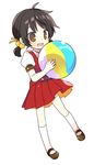  ball beachball black_hair blush brown_eyes chibi dress full_body hair_bobbles hair_ornament holding holding_ball kaai_yuki mary_janes open_mouth red_dress shoes short_twintails smile socks solo twintails vocaloid yoshiki 