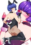  2017 absurdres animal_ears ass bangs bare_shoulders black_footwear black_gloves black_legwear blue_hair blush boots breasts bunny_ears bunny_girl bunnysuit closed_mouth commentary_request dated eyepatch fake_animal_ears fingerless_gloves fishnet_pantyhose fishnets from_behind full_body fur_trim gloves green_eyes highres ikkitousen kneeling large_breasts leotard looking_at_viewer looking_back miura_hajime multiple_views pantyhose ryomou_shimei short_hair thigh_boots thighhighs zoom_layer 