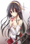 2017 artist_name black_hair breasts brown_eyes cleavage hairband haruna_(kantai_collection) highres japanese_clothes kantai_collection karory long_hair machinery nontraditional_miko red_skirt sarashi skirt small_breasts smile solo torn_clothes valentine 