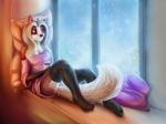  2017 annie_(character) anthro beverage black_socks bottomless clothed clothing coffee coffee_mug comfort comfy digital_media_(artwork) female fluffy fluffy_tail hair heterochromia kneesocks legwear long_socks pillow samantha-dragon sitting smile socks warm white_hair window winter 