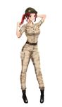  arm_up belt black_footwear blue_eyes boots camouflage camouflage_pants camouflage_shirt contrapposto drift_girls full_body hand_in_hair hat highres long_hair looking_at_viewer military military_uniform official_art pants ponytail red_hair sara_(drift_girls) simple_background solo standing uniform white_background 