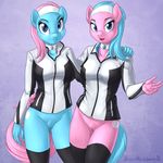  2016 aloe_(mlp) anthro anthrofied blue_eyes blue_hair bottomless brian_mcpherson clothed clothing cropped cutie_mark duo earth_pony equine female friendship_is_magic hair hand_on_shoulder hi_res horse legwear long_hair looking_at_viewer lotus_(mlp) mammal my_little_pony open_mouth pink_hair pony pussy sibling sisters smile stockings thigh_highs 