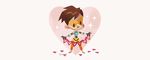  bad_id bad_twitter_id bodysuit bomber_jacket brown_hair chibi full_body gloves goggles harness heart holding jacket looking_down orange_bodysuit overwatch pants paper scissors simple_background solid_circle_eyes solo sparkle spiked_hair star tight tight_pants tinysnails tracer_(overwatch) valentine vambraces white_background 