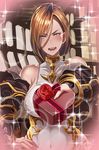  apollonia_vaar bare_shoulders blue_eyes blush breasts brown_hair butcha-u chocolate chocolate_heart commentary_request covered_navel dated granblue_fantasy hand_on_hip heart large_breasts looking_at_viewer open_mouth solo sweatdrop teeth valentine 