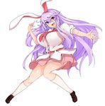  :d animal_ears bangs blush breasts bunny_ears commentary_request full_body highres huge_breasts long_hair looking_at_viewer miniskirt necktie open_mouth pink_eyes pink_skirt puffy_short_sleeves puffy_sleeves purple_hair red_neckwear reisen_udongein_inaba shirt short_sleeves skirt smile socks solo sprout_(33510539) swept_bangs touhou very_long_hair white_legwear white_shirt 